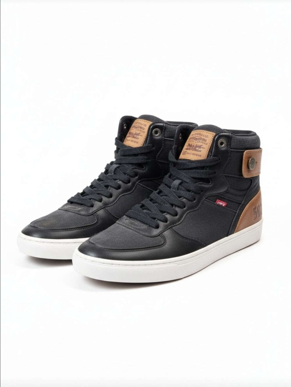 Levis Mens 501 Black Denim Cognac Brown High Top Sneakers Shoes 9.5